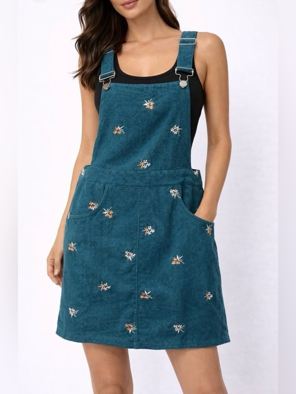 Cider Teal Corduroy Embroidered Overall Mini Dress Size M Bee Floral